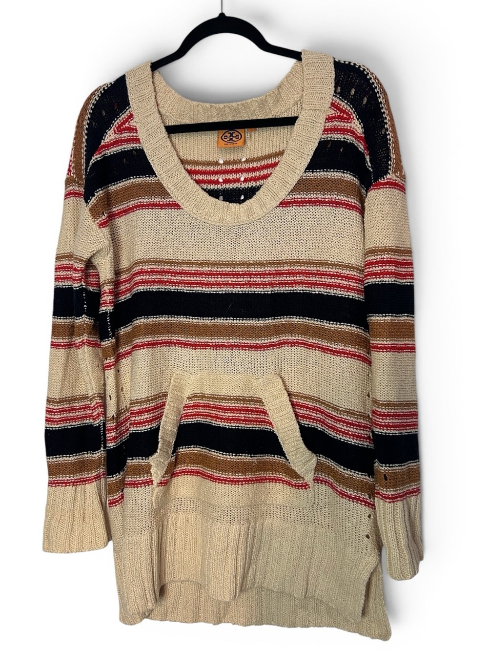 Tory Burch Striped Scoop-Neck Sweater in Cream, Black & Red